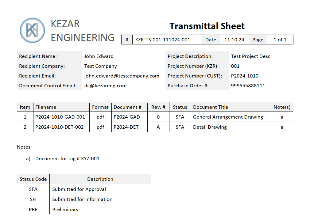 transmittal sheet example